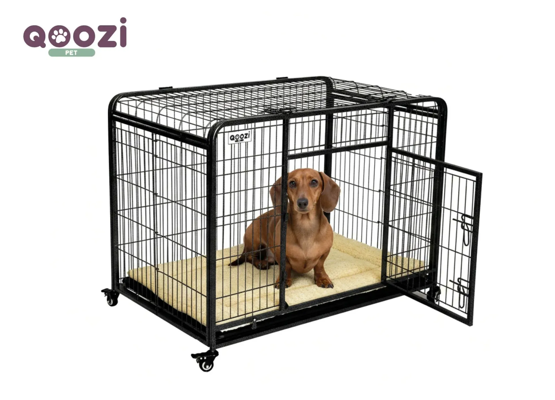 Qoozi Pet Hondenbench op Wielen – Verrijdbaar, Stevig & Comfortabel (M)