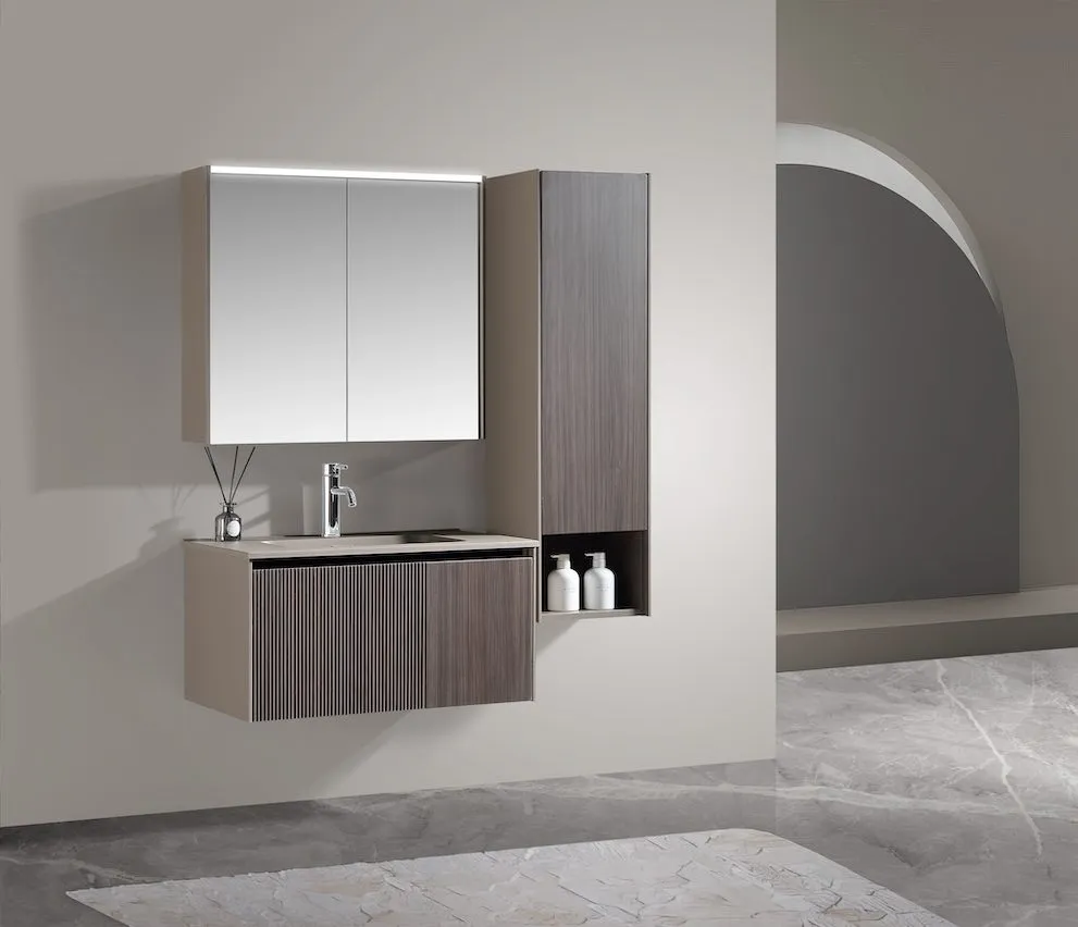 [KWIM-3171] Sano 080 - Complete badkamerset in warm grijs en Ireland walnoot met donkergroen wastafelblad, LED-spiegelkast en kolomkast