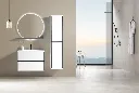 Timo 120 - Complete badkamerset in mat wit lak met mat zwart accent, ronde spiegel, decoratieve plank en kolomkast