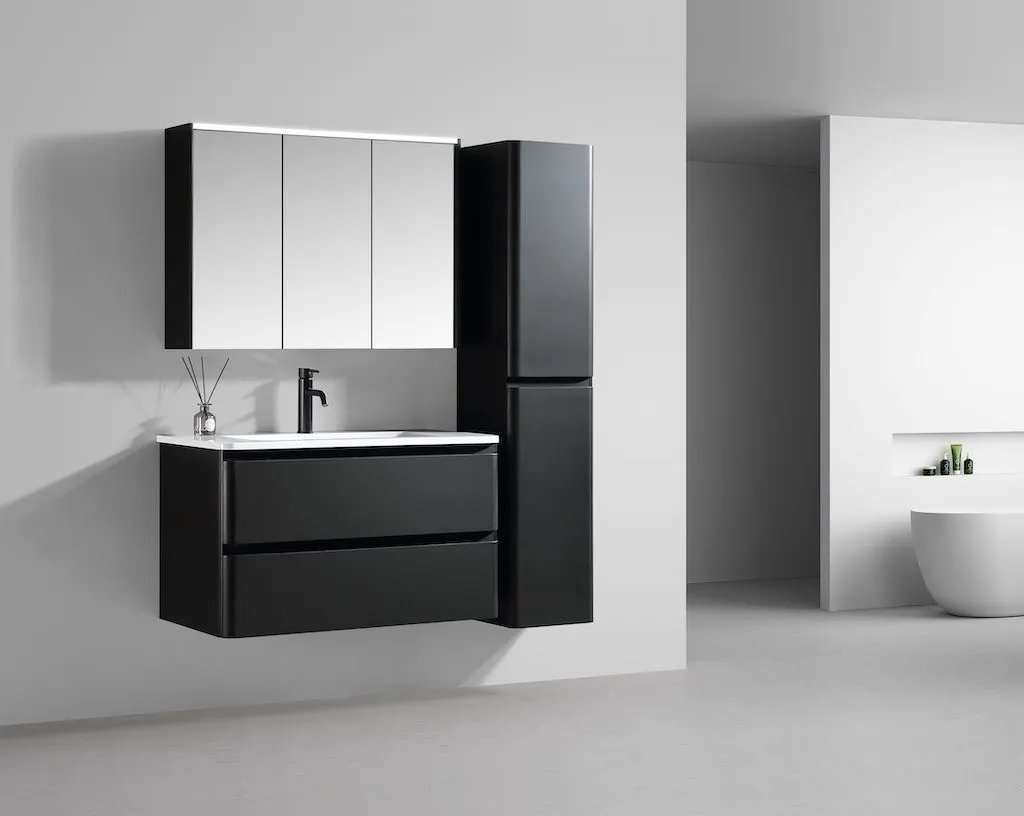 [KWIM-3174] Zaro 100 - Complete badkamerset in mat zwart met sculpturale boogvormen, glanzend wit wastafelblad, LED-spiegelkast en kolomkast
