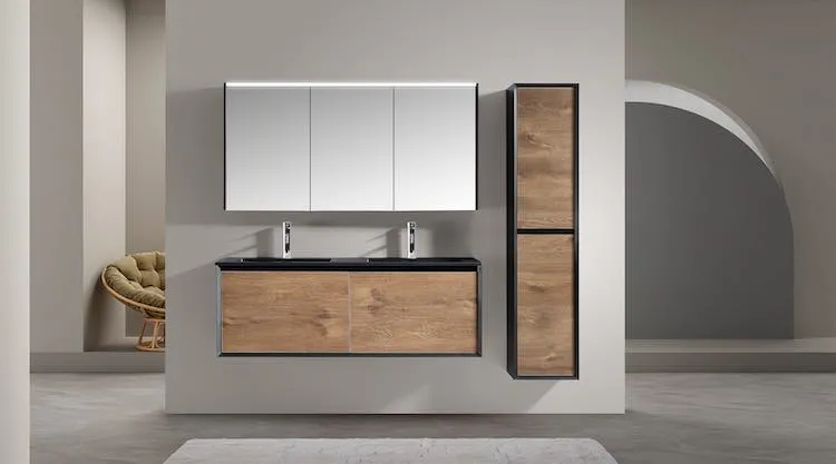 [KWIM-3181] Karo 140 – Complete badkamerset met dubbele wastafel, LED-spiegelkast en kolomkast in zwart met houten accenten