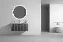Niva 100 – Complete set met acrylen wastafel, gebogen onderkast in zandgrijze lak en LED-spiegel