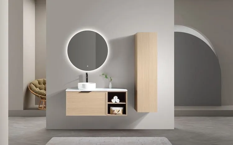 [KWIM-3183] Neso 120 – Modulaire badkamerset met gesloten + open onderkast in grey oak, keramieken opbouw waskom, LED-spiegel en kolomkast met interne lades